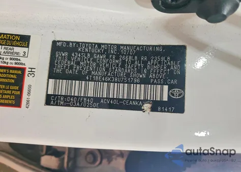 2008 Toyota Camry Ce z USA, uszkodzony, nr VIN 4T1BE46K38U751796